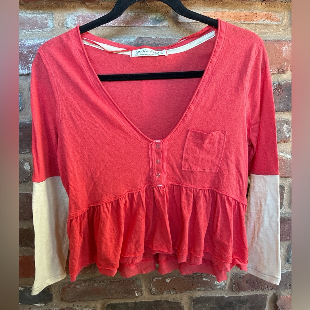 We The Free Red and Cream Long Sleeve Top